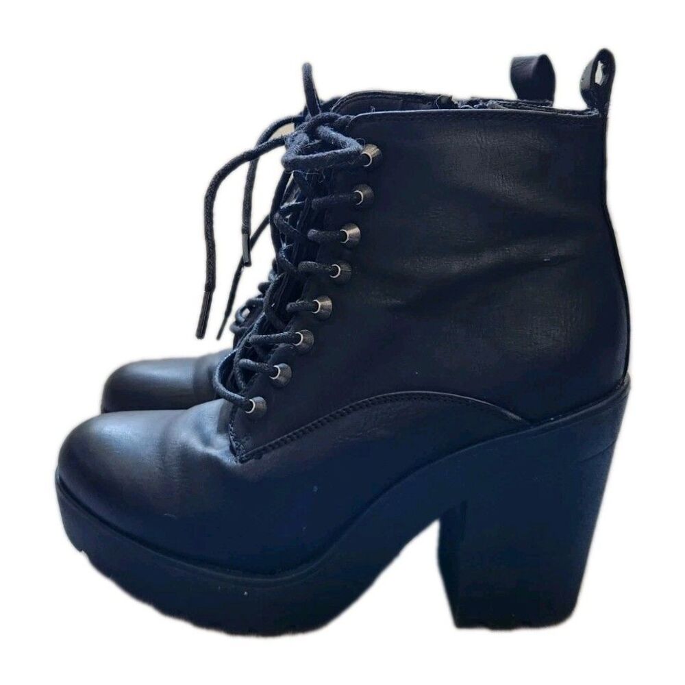 Madden Girl BadGal Platform Ankle Boots Womens 7.5 Black Lace Up Chunky Heel